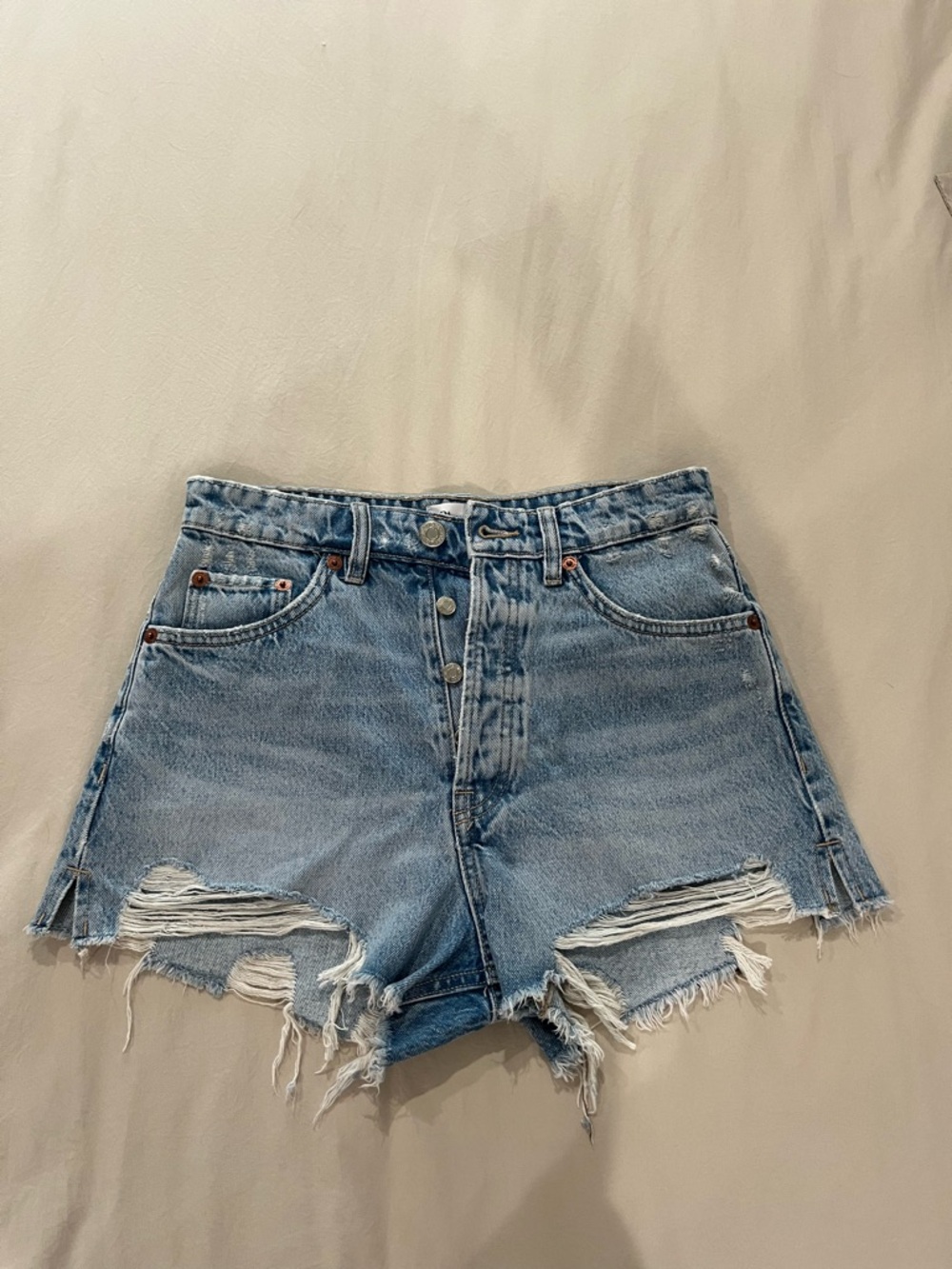 Zara Light Blue Distressed High-Rise Denim Shorts